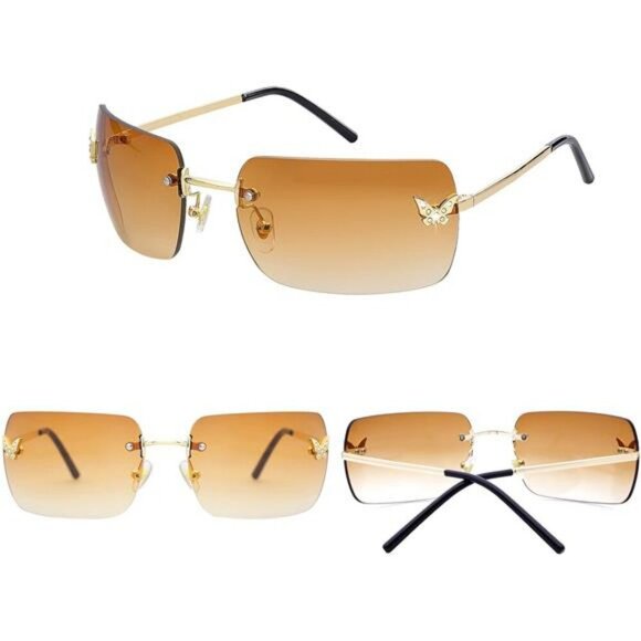 Y2k Rimless Rectangle Sunglasses Women Men Clear Small Tinted UV400 Fashion - Picture 5 of 8